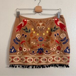 Umgee boho Embroidered Skirt medium earthy natural bird